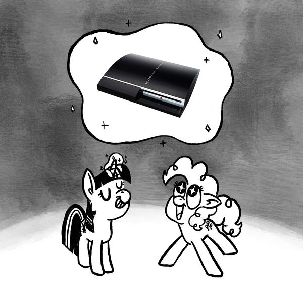 Size: 2048x2048 | Tagged: safe, artist:horsewizardart, derpibooru import, pinkie pie, twilight sparkle, earth pony, pony, unicorn, black and white, duo, eyes closed, female, grayscale, image, levitation, looking up, magic, mare, monochrome, playstation 3, png, smiling, telekinesis, unicorn twilight