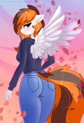 Size: 1968x2880 | Tagged: safe, artist:xjenn9, derpibooru import, oc, oc:rainy sky, unofficial characters only, anthro, pegasus, bedroom eyes, blushing, clothes, commission, digital art, female, hoodie, image, jeans, leaves, pants, pegasus oc, png, simple background, solo, tail, two toned mane, two toned tail, wings, ych result