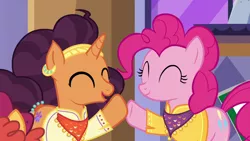Size: 1280x720 | Tagged: safe, derpibooru import, screencap, pinkie pie, saffron masala, earth pony, pony, unicorn, spice up your life, ^^, clothes, cute, diapinkes, duo, duo female, eyes closed, female, happy, high five, hoofbump, image, mare, open mouth, png, saffronbetes, smiling