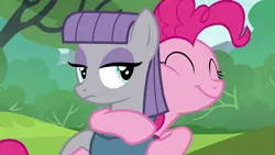 Size: 1280x720 | Tagged: safe, derpibooru import, screencap, maud pie, pinkie pie, earth pony, pony, season 6, the gift of the maud pie, ^^, cute, diapinkes, duo, duo female, eyes closed, female, happy, hug, image, mare, png, sibling love, siblings, sisterly love, sisters