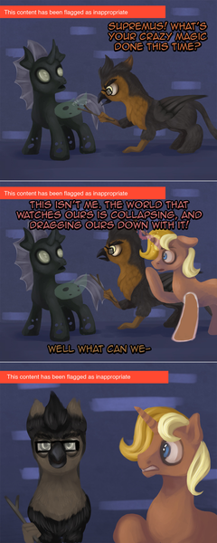 Size: 960x2404 | Tagged: safe, artist:wourdeluck, derpibooru import, oc, oc:dominus, oc:gervais, oc:supremus longhorn, unofficial characters only, changeling, gryphon, pony, unicorn, ask pun, ask, image, magic limbs, meta, png, tumblr