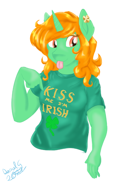 Size: 725x1030 | Tagged: safe, artist:darnelg, derpibooru import, oc, oc:emerald isle, unofficial characters only, anthro, unicorn, :p, clothes, image, kiss me i'm irish, looking at you, png, red hair, simple background, solo, sticking tongue out, tongue out, white background