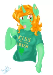 Size: 725x1030 | Tagged: safe, artist:darnelg, derpibooru import, oc, oc:emerald isle, unofficial characters only, anthro, unicorn, :p, clothes, image, kiss me i'm irish, looking at you, png, red hair, simple background, solo, sticking tongue out, tongue out, white background