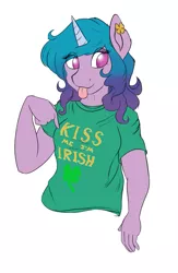 Size: 589x901 | Tagged: safe, artist:darnelg, derpibooru import, edit, izzy moonbow, anthro, unicorn, clothes, g5, image, kiss me i'm irish, looking at you, png, sticking tongue out