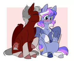 Size: 1438x1200 | Tagged: safe, artist:its-gloomy, derpibooru import, oc, oc:crimson skies(fireverse), oc:plum pudding(fireverse), bat pony, pegasus, blushing, couple, image, kiss on the cheek, kissing, png, shipping