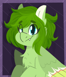 Size: 1200x1400 | Tagged: safe, artist:modularpon, derpibooru import, oc, oc:lief, unofficial characters only, hybrid, pegasus, pony, abstract background, animated, bust, chest fluff, fangs, gif, image, laughing, portrait, solo