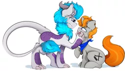 Size: 5093x2894 | Tagged: suggestive, artist:ahekao, derpibooru import, oc, oc:disterious, oc:ketten moon, kirin, pony, unicorn, cute, duo, horn, image, kirin oc, mouth hold, open mouth, png, simple background, tail, tongue out, unicorn oc, white background