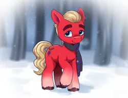 Size: 1011x775 | Tagged: safe, artist:malarkey, derpibooru import, sprout cloverleaf, earth pony, pony, clothes, doodle, g5, image, male, png, scarf, snow, snowfall, solo, stallion, striped scarf, tree