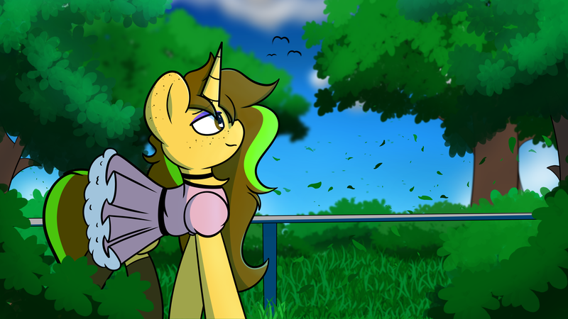 Size: 4704x2645 | Tagged: safe, artist:theawkwarddork, derpibooru import, oc, oc:awkward dork, bird, pony, unicorn, blushing, clothes, dress, femboy, freckles, image, makeup, male, nature, png, solo, tree