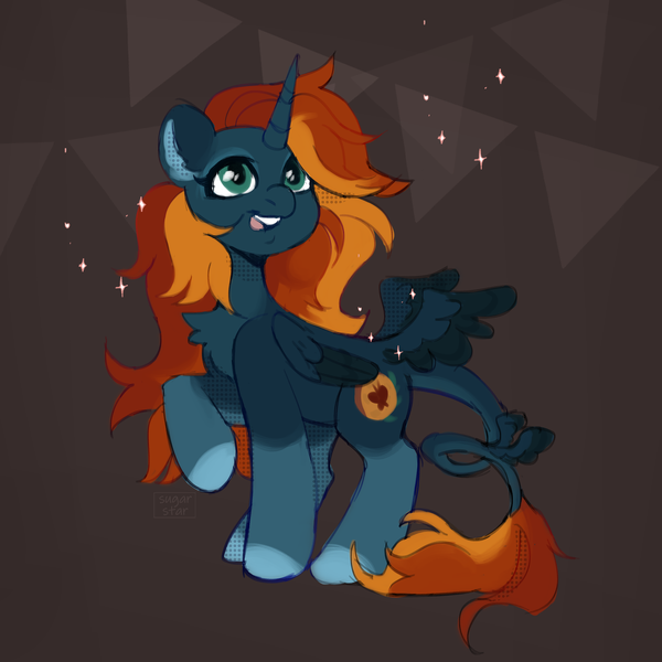 Size: 2687x2687 | Tagged: safe, artist:sugarstar, derpibooru import, oc, oc:farfett ambra, unofficial characters only, alicorn, pony, butt wings, colored wings, cute, female, image, mare, open mouth, open smile, png, raised hoof, smiling, sparkles, standing, tail wings, two toned wings, wings