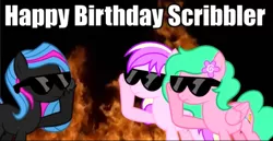 Size: 828x426 | Tagged: safe, artist:partyblossom, derpibooru import, oc, oc:obabscribbler, oc:partyblossom, oc:quickycrafy, earth pony, pegasus, pony, image, jpeg, solo, sunglasses