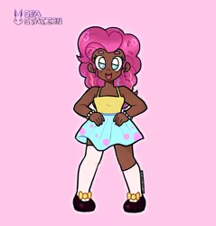 Size: 2031x2126 | Tagged: safe, artist:seasemissary, derpibooru import, pinkie pie, human, blackwashing, chibi, clothes, dark skin, humanized, image, pink background, png, shirt, simple background, skirt, solo