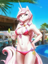 Size: 4500x6000 | Tagged: suggestive, artist:mykegreywolf, derpibooru import, fleur-de-lis, anthro, unicorn, absurd resolution, bikini, breasts, cleavage, clothes, commission, female, image, jpeg, small breasts, smiling, solo, solo female, stupid sexy fleur-de-lis, sweat, swimming pool, swimsuit, wet