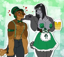 Size: 3400x3000 | Tagged: suggestive, artist:hasana-chan, derpibooru import, oc, oc:brutus, oc:morgan graywacke, unofficial characters only, anthro, diamond dog, digitigrade anthro, abs, alcohol, anthro oc, beer, big breasts, blushing, breasts, clothes, commission, couple, diamond dog oc, digital art, female, gift art, hat, heart, holiday, image, male, male nipples, muscles, nipples, nudity, oc x oc, one eye closed, pants, pasties, paws, png, saint patrick's day, shipping, smiling, straight, top hat, wink