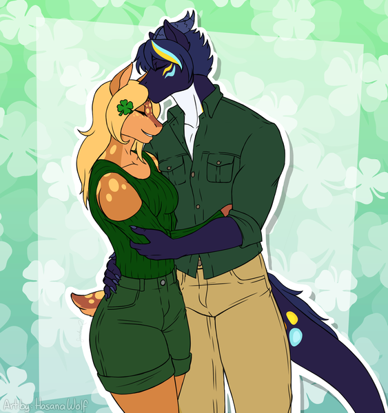 Size: 3000x3200 | Tagged: safe, artist:hasana-chan, derpibooru import, oc, oc:azurite, oc:olive branch, unofficial characters only, anthro, deer, deer pony, digitigrade anthro, dracony, dragon, hybrid, original species, unguligrade anthro, anthro oc, claws, clothes, commission, couple, digital art, eyes closed, female, forehead kiss, gift art, hairpin, holiday, image, kissing, male, oc x oc, pants, png, saint patrick's day, shamrock, shipping, shirt, shorts, smiling, straight