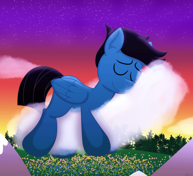 Size: 7200x6600 | Tagged: safe, artist:agkandphotomaker2000, derpibooru import, oc, oc:pony video maker, pegasus, pony, cloud, evening, eyes closed, flower field, folded wings, hill, image, mountain, on a cloud, pegasus oc, pegasus pleasures, png, sleeping, sleeping on a cloud, stars, tree, wings