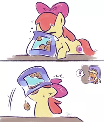 Size: 1024x1200 | Tagged: safe, artist:kukie, derpibooru import, apple bloom, applejack, earth pony, pony, 2 panel comic, apple bloom's bow, apple sisters, applejack's hat, bag, bow, caught, comic, cookie, cookie thief, cowboy hat, derpibooru exclusive, door, eating, exclamation point, eyes closed, female, filly, foal, food, freckles, hair bow, hat, hooves, hooves on the table, image, mare, motion lines, pictogram, png, siblings, signature, simple background, sisters, speech bubble, surprised, sweat, sweatdrop, table, white background