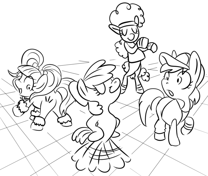 Size: 2150x1817 | Tagged: safe, artist:lockhe4rt, derpibooru import, apple bloom, azure velour, flashdancer, pacific glow, earth pony, pony, 2016, bipedal, black and white, dancing, female, filly, foal, grayscale, image, lineart, monochrome, png, rave