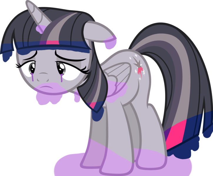 Size: 3985x3304 | Tagged: safe, artist:slb94, artist:wardex101, derpibooru import, edit, twilight sparkle, twilight sparkle (alicorn), alicorn, pony, color loss, depressed, discorded, discorded twilight, female, floppy ears, folded wings, frown, full body, high res, horn, image, lonely, mare, png, sad, show accurate, simple background, solo, sorrow, standing, transparent background, twilight tragedy, vector, wings