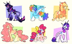 Size: 1280x789 | Tagged: safe, artist:bumblesnail, artist:bumblesnail-art, derpibooru import, applejack, fluttershy, pinkie pie, rainbow dash, rarity, twilight sparkle, alicorn, classical unicorn, earth pony, pegasus, pony, unicorn, alternate cutie mark, alternate design, appaloosa, bow, cloven hooves, coat markings, colored wings, flower, flower in hair, glasses, goggles on head, hair bow, image, leonine tail, mane six, multicolored wings, png, redesign, socks (coat marking), twitterina design, unshorn fetlocks, wings