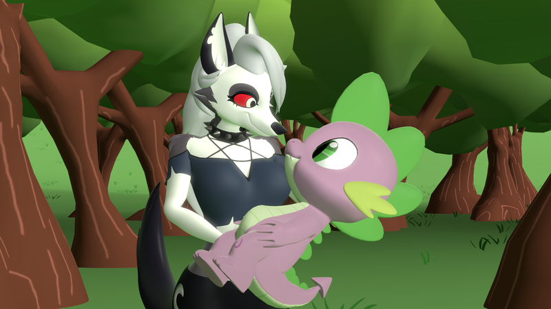 Size: 1920x1080 | Tagged: safe, artist:ponygamer2020, artist:ponygamersfm, derpibooru import, spike, dragon, hellhound, 3d, crossover, crossover shipping, cute, dialogue in the description, female, forest, friendship, grin, happy, helluva boss, holding, holding a dragon, image, looking at each other, looking at someone, loona (helluva boss), male, nose to nose, png, shipping, smiling, source filmmaker, spikabetes, spikelove, spiloona, straight, tree