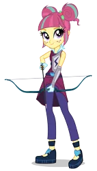 Size: 1139x2000 | Tagged: dead source, safe, derpibooru import, official, sour sweet, equestria girls, friendship games, archery, arrow, bow (weapon), bow and arrow, clothes, crystal prep academy, crystal prep shadowbolts, female, freckles, gloves, image, looking up, png, simple background, solo, transparent background, weapon