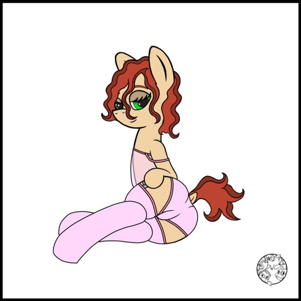 Size: 1024x1024 | Tagged: suggestive, artist:dice-warwick, derpibooru import, oc, oc:plasma cutter, earth pony, pony, fallout equestria, bedroom eyes, clothes, curly mane, dock, female, image, mare, nightwear, png, socks, solo, stockings, tail, thigh highs, underwear