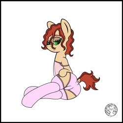 Size: 1024x1024 | Tagged: suggestive, artist:dice-warwick, derpibooru import, oc, oc:plasma cutter, earth pony, pony, fallout equestria, bedroom eyes, clothes, curly mane, dock, female, image, mare, nightwear, png, socks, solo, stockings, tail, thigh highs, underwear