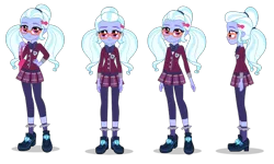 Size: 1400x840 | Tagged: dead source, safe, derpibooru import, official, sugarcoat, equestria girls, friendship games, bag, clothes, crystal prep academy uniform, cute, female, glasses, hairpin, hand on hip, image, looking at you, pigtails, plaid skirt, pleated skirt, png, poses, school uniform, shoes, sideview, simple background, skirt, smiling, socks, solo, sugarcute, white background