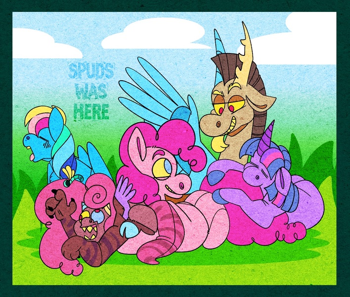 Size: 1237x1048 | Tagged: safe, artist:spudsmcfrenzy, derpibooru import, discord, pinkie pie, rainbow dash, twilight sparkle, oc, oc:bamboozle, draconequus, earth pony, pegasus, pony, unicorn, cuddle puddle, cuddling, female, group, image, interspecies offspring, jpeg, male, mare, next generation, offspring, parent:discord, parent:pinkie pie, parents:discopie, pony pile, signature