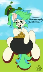 Size: 1500x2500 | Tagged: suggestive, artist:draconightmarenight, derpibooru import, oc, oc:ticker gale, unofficial characters only, pegasus, pony, bow, clover, hat, holiday, image, irish, jpeg, money, pot of gold, present, saint patrick's day, smiley face, solo, tongue out