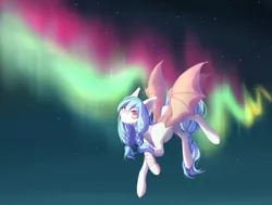 Size: 1280x968 | Tagged: oc name needed, safe, artist:agurana, derpibooru import, oc, unofficial characters only, bat pony, pony, aurora borealis, background, bat pony oc, bat wings, blue hair, commission, digital art, eyebrows, eyebrows visible through hair, female, flying, grin, image, jpeg, long hair, long mane, long tail, mare, night, night sky, red eyes, sky, smiling, solo, spread wings, stars, tail, wings