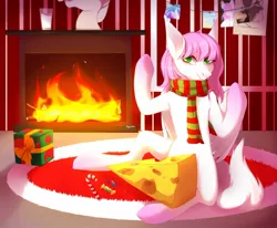 Size: 1280x1055 | Tagged: oc name needed, safe, artist:agurana, derpibooru import, oc, unofficial characters only, earth pony, pony, background, candy, candy cane, cheese, chimney, christmas, clothes, commission, digital art, earth pony oc, female, fire, fireplace, food, green eyes, grin, holiday, image, jpeg, looking at you, mare, pink hair, present, scarf, sitting, smiling, smiling at you, solo, striped scarf