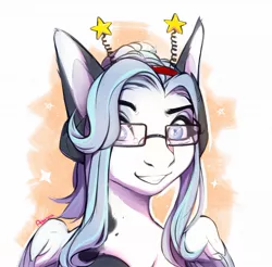 Size: 1280x1257 | Tagged: oc name needed, safe, artist:agurana, derpibooru import, oc, unofficial characters only, pegasus, pony, blue eyes, blue hair, digital art, female, glasses, image, jpeg, long ears, long hair, long mane, looking at you, mare, pegasus oc, smiling, smiling at you, solo, wings