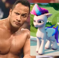 Size: 1926x1913 | Tagged: safe, artist:therealdjthed, derpibooru import, screencap, zipp storm, human, pegasus, dwayne johnson, eyebrows, g5, image, irl, irl human, my little pony: a maretime bay adventure, photo, png, raised eyebrow, the rock, video game