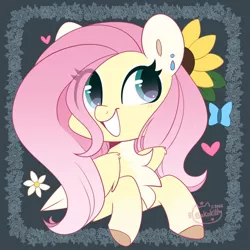 Size: 1200x1200 | Tagged: safe, artist:sakukitty, derpibooru import, fluttershy, butterfly, insect, pegasus, pony, bust, chest fluff, cute, ear piercing, female, flower, flower in hair, image, jpeg, mare, piercing, shyabetes, smiling, solo