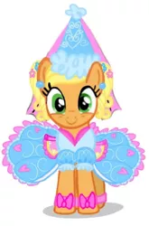 Size: 433x657 | Tagged: safe, artist:darlycatmake, derpibooru import, applejack, earth pony, pony, bow, clothes, drawn on phone, dress, dressup, ear piercing, female, flower, flower in hair, froufrou glittery lacy outfit, hennin, image, jpeg, looking at you, mare, piercing, princess, princess applejack, princess hat, simple background, smiling, smiling at you, solo, white background