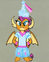 Size: 720x898 | Tagged: safe, artist:darlycatmake, derpibooru import, smolder, dragon, beautiful, beautiful eyes, beautisexy, bow, dragon tail, ear piercing, eyeshadow, froufrou glittery lacy outfit, hennin, image, jpeg, lidded eyes, looking at you, majestic, makeup, piercing, pretty, princess, princess hat, princess smolder, proud, serious, serious face, sexy, smiling, smiling at you, smirk, tail