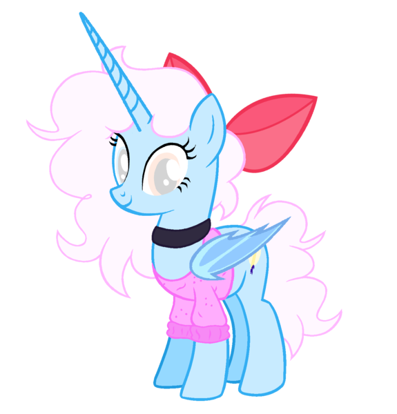 Size: 1400x1460 | Tagged: safe, artist:iceflower99, derpibooru import, oc, oc:darky spell, unofficial characters only, alicorn, demon, demon pony, original species, pony, bow, choker, clothes, daemonequus, female, hair bow, horn, image, long horn, looking at you, mare, png, simple background, smiling, solo, sweater, transparent background