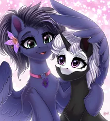 Size: 3000x3300 | Tagged: safe, artist:hakaina, derpibooru import, oc, oc:kennel nightshade, oc:s.leech, unofficial characters only, pegasus, pony, unicorn, collar, female, flower, high res, image, mare, png