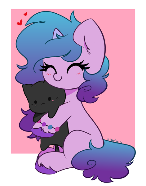 Size: 2749x3500 | Tagged: safe, artist:kittyrosie, derpibooru import, izzy moonbow, cat, pony, unicorn, my little pony: a new generation, blushing, bracelet, cute, ear fluff, eyes closed, female, g5, happy, heart, high res, hug, image, izzybetes, jewelry, mare, pink background, png, simple background, sitting, smiling, unshorn fetlocks, white background