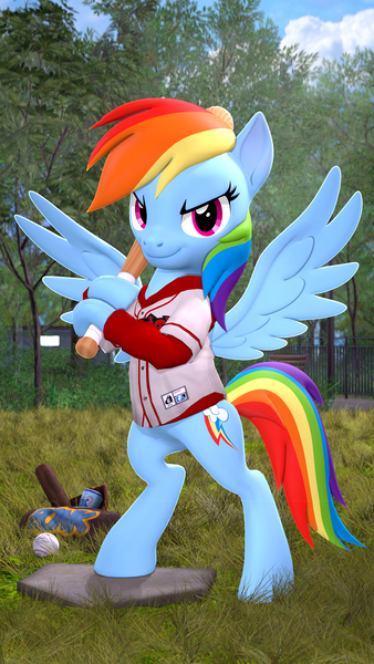 Size: 2160x3840 | Tagged: safe, artist:owlpirate, derpibooru import, rainbow dash, pegasus, pony, 3d, 4k, baseball bat, bipedal, clothes, female, high res, hoof hold, image, looking at you, mare, png, smiling, smirk, solo, source filmmaker, spread wings, uniform, wings