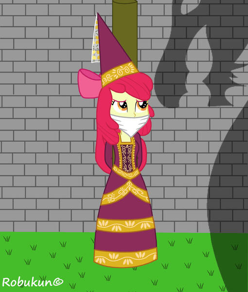 Size: 1700x2000 | Tagged: safe, artist:robukun, derpibooru import, apple bloom, dragon, human, bondage, bound and gagged, cloth gag, damsel in distress, danger, distressed, gag, hennin, humanized, image, jpeg, kidnapped, pole, princess, princess hat, rope, rope bondage, shadow, this is going to hurt, this will end in death, this will end in tears, this will end in tears and/or death, tied up, worried