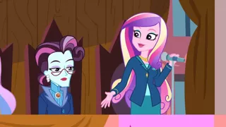 Size: 3410x1920 | Tagged: safe, derpibooru import, screencap, princess cadance, princess celestia, principal abacus cinch, equestria girls, friendship games, canterlot high, dean cadance, duo, duo female, duo focus, female, high res, image, jpeg, microphone, offscreen character, open mouth, open smile, principal celestia, smiling