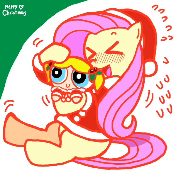 Size: 600x590 | Tagged: safe, artist:sukaponta, derpibooru import, fluttershy, pegasus, pony, ><, bubbles (powerpuff girls), christmas, clothes, costume, cute, duo, emanata, eyes closed, female, happy holidays, hat, heart, holiday, holly, image, mare, merry christmas, open mouth, png, santa costume, santa hat, simple background, the powerpuff girls, white background