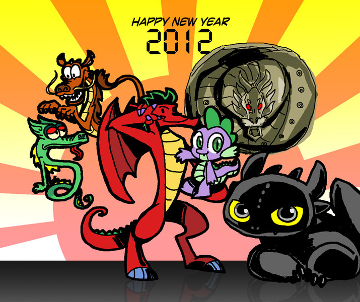 Size: 800x671 | Tagged: safe, artist:sukaponta, derpibooru import, spike, dragon, night fury, 2012, american dragon jake long, dojo kanojo cho, happy new year, holiday, how to train your dragon, image, jackie chan adventures, jpeg, looking at you, mulan, mushu, shendu, xiaolin showdown