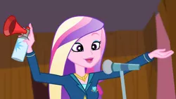 Size: 3410x1920 | Tagged: safe, derpibooru import, screencap, princess cadance, equestria girls, friendship games, airhorn, dean cadance, female, high res, image, jpeg, microphone, open mouth, open smile, smiling, solo