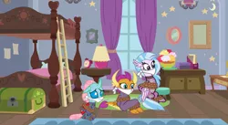 Size: 1280x699 | Tagged: safe, artist:brightstar40k, derpibooru import, ocellus, silverstream, smolder, changeling, dragon, hippogriff, cloth gag, clothes, dorm, gag, help, image, jpeg, kidnapped, locked, pajamas, room, tied up, worried