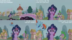 Size: 1280x720 | Tagged: safe, derpibooru import, edit, edited screencap, editor:quoterific, screencap, rainbow dash, spike, twilight sparkle, dragon, pony, unicorn, friendship is magic, season 1, eyes closed, female, floppy ears, flying, image, jpeg, male, mare, messy mane, open mouth, open smile, ponyville town hall, smiling, spread wings, text, unicorn twilight, wings