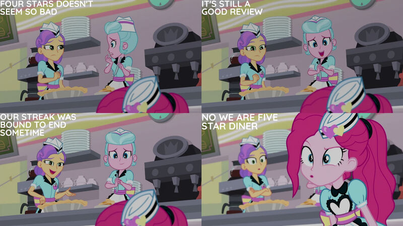 Size: 1280x720 | Tagged: safe, derpibooru import, edit, edited screencap, editor:quoterific, screencap, pinkie pie, equestria girls, equestria girls series, five stars, spoiler:eqg series (season 2), :o, female, image, jpeg, open mouth, open smile, smiling, text, trio, trio female